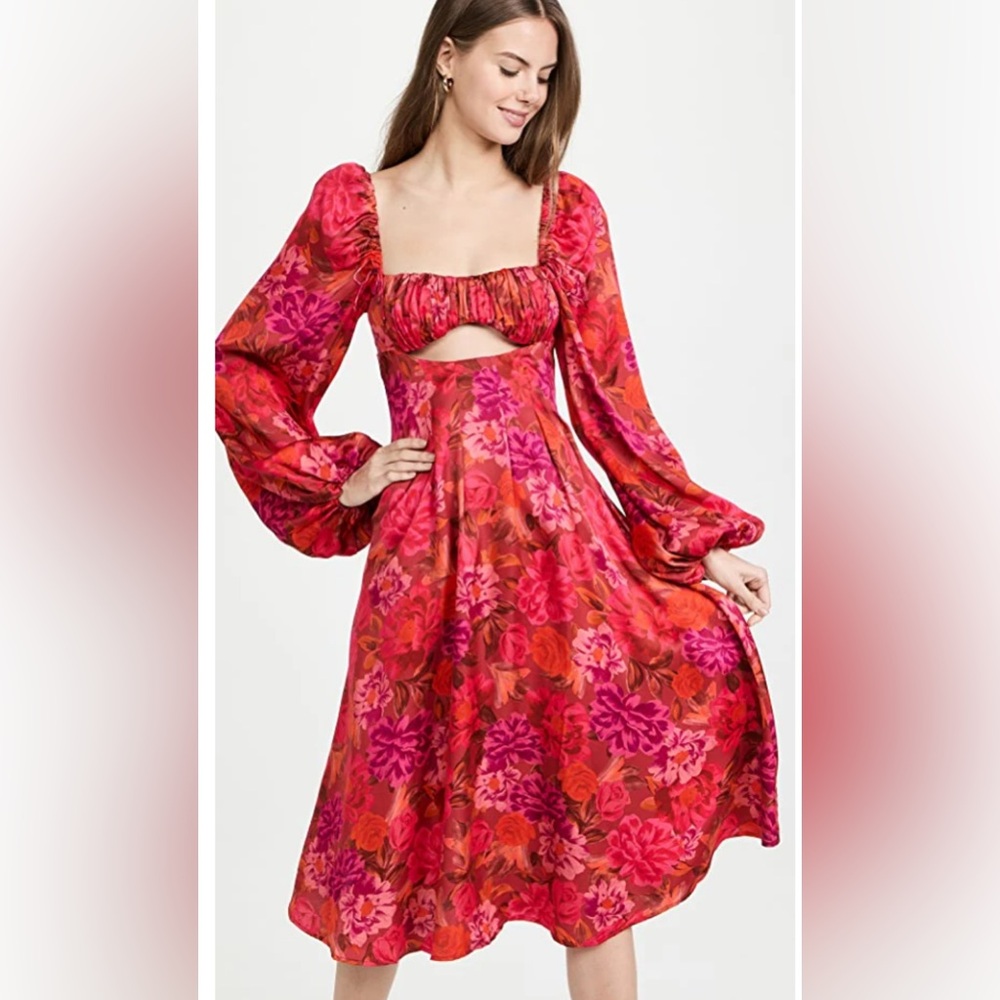 NWT For Love And Lemons Nikki Midi Red Floral Ruched Romantic Dress XS